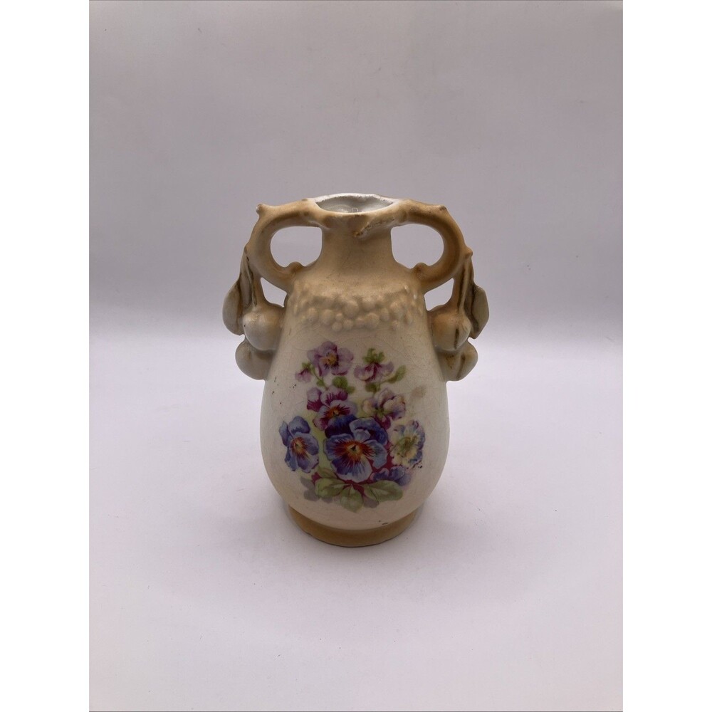 Antique Art Nouveau Porcelain Vase w Cherry Fruit Handles Austria Victorian 5.5"
